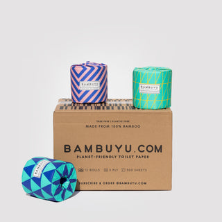 Bambuyu Tissue rolls delivery box, with products displayed outside.
