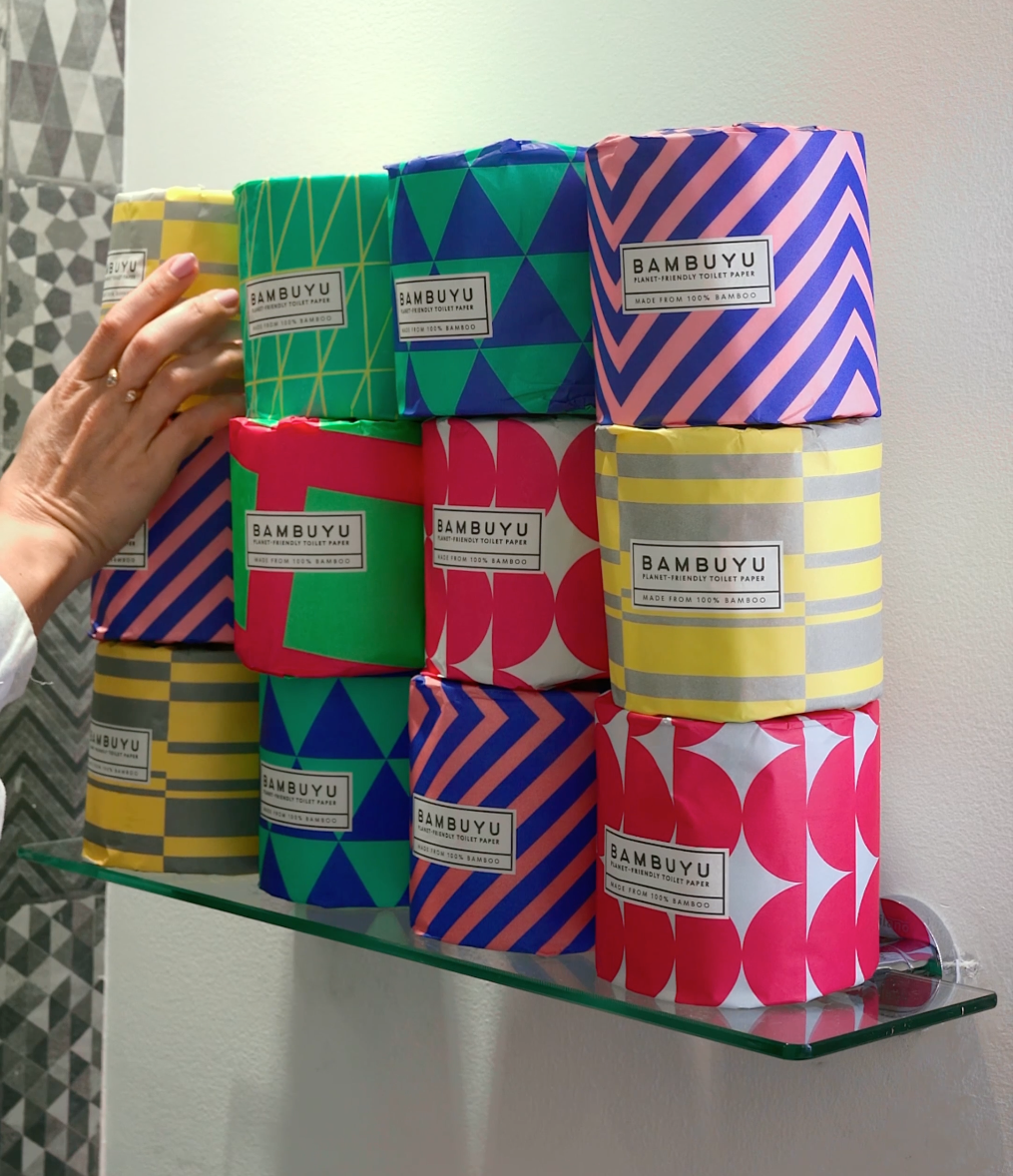 Bambuyu bamboo toilet paper rolls arranged on a bathroom shelf