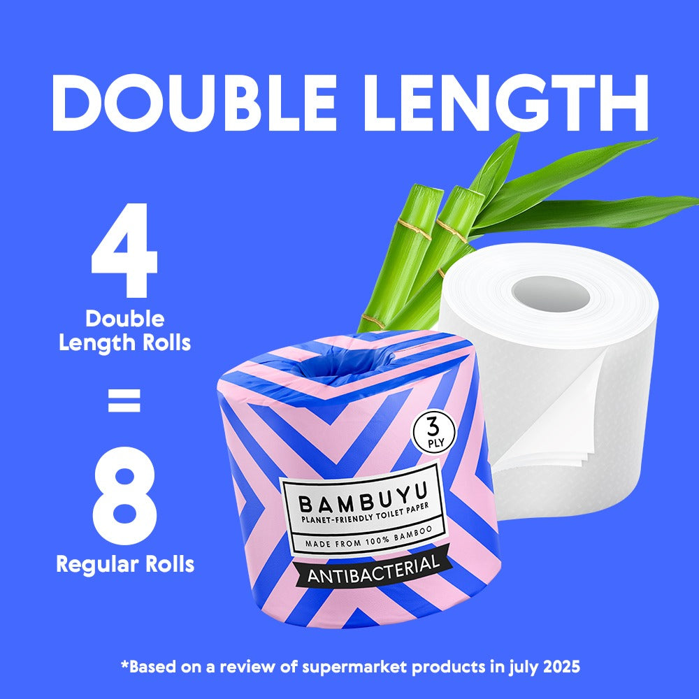 Infographic showing 4 Bambuyu double-length rolls equal 8 regular toilet paper rolls