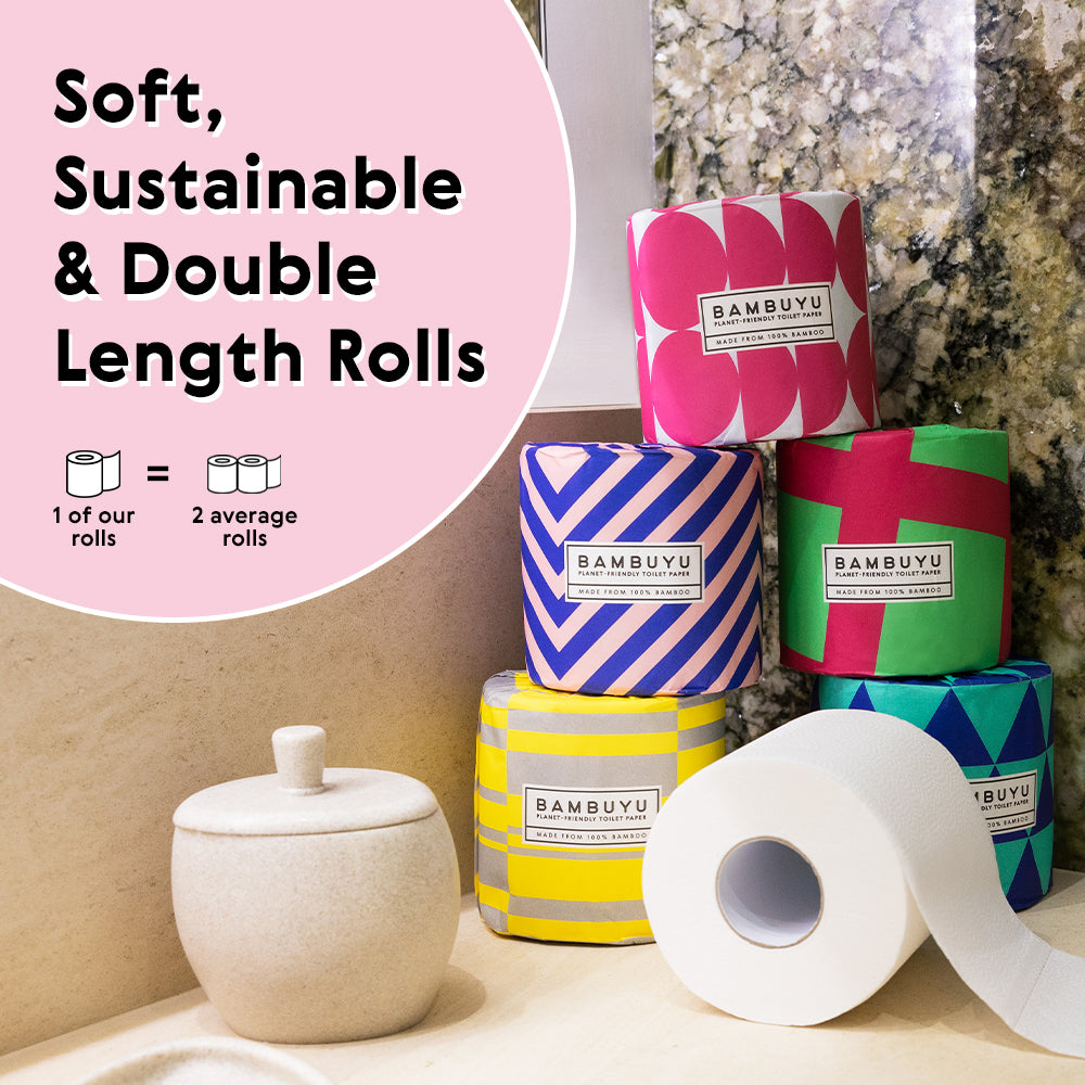 Bambuyu toilet paper roll graphic highlighting soft, sustainable, double-length sheets