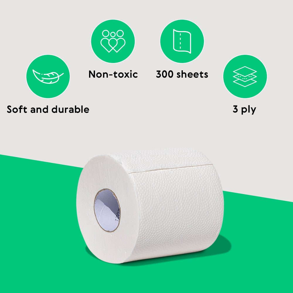 Bambuyu bamboo toilet paper roll with icons for soft, non-toxic, 300 sheets, 3-ply