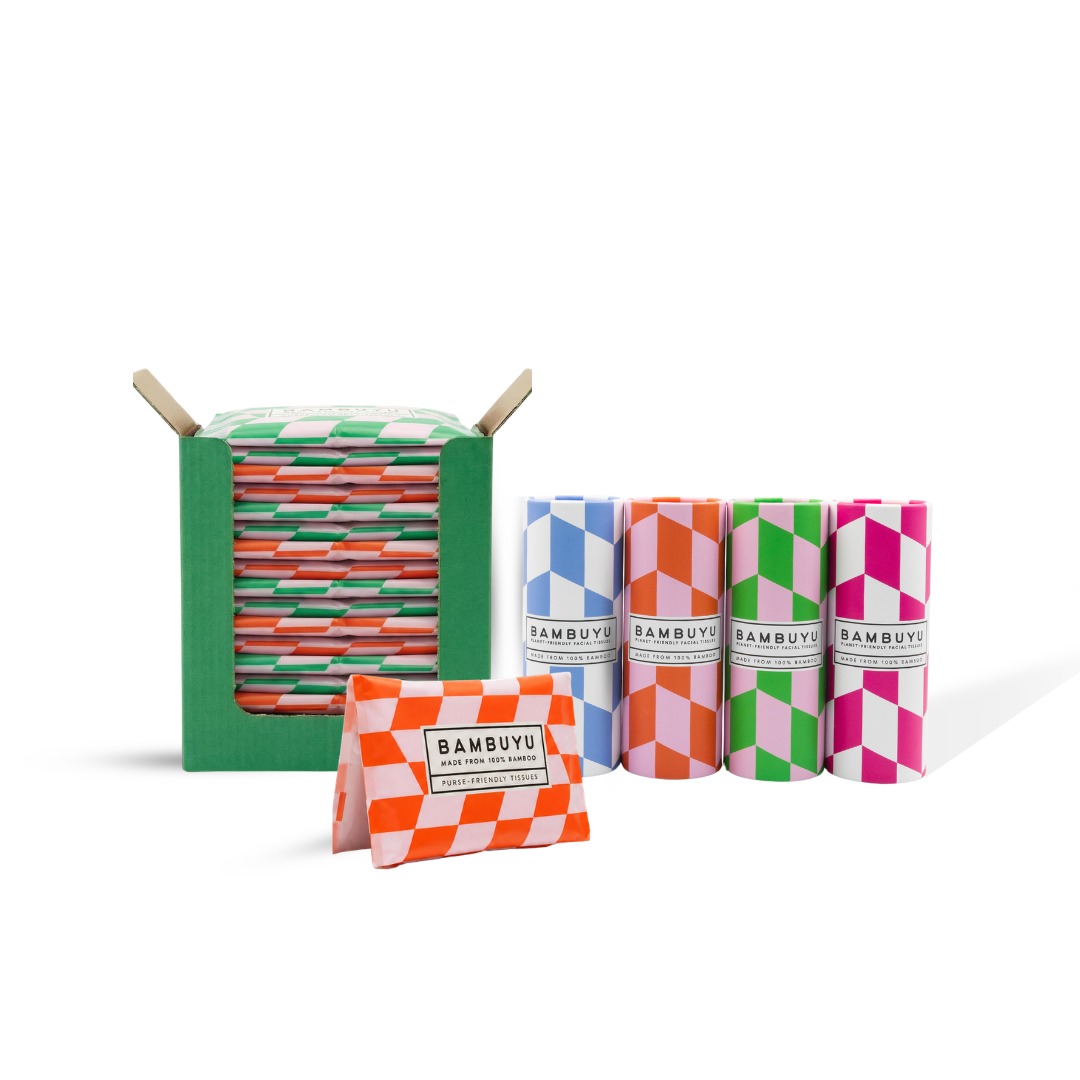 Bambuyu Ready-to-Go Bundle retail pack tissues and rolls in assorted colorful designs