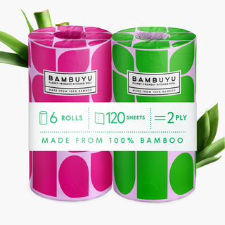 6 Rolls bamboo pack with information on the sheets and ply used in the bamboo tissue products.